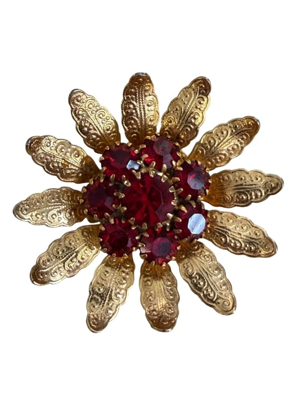 Vintage Bright Gold-Tone Floral Brooch Red Rhinestone Accents Ornate 2"